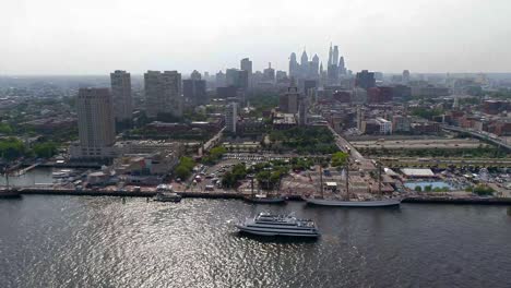 Drone-video-of-boats-in-water-at-Penns-Landing-in-Philadelphia