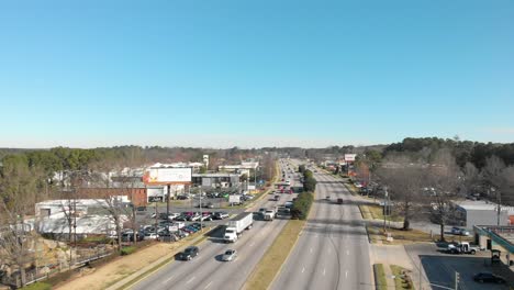 Aerial-view-over-Capital-Boulevard-in-Raleigh,-North-Carolina-near-Starmount-Drive-with-traffic