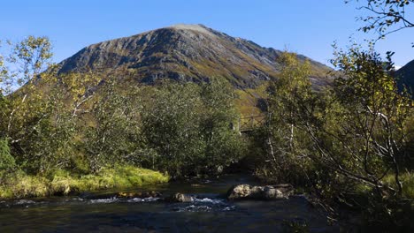 A-river-surrounded-by-trees-flowing-down-in-front-of-a-mountain-in-Standal,-Norway