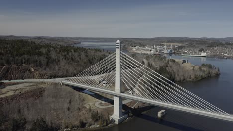 Drone-shot-of-a-bridge,-flying-up-and-panning-right