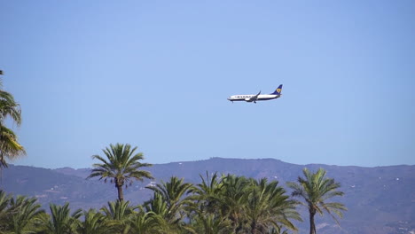 Airplane-landing-in-tropical-destination-during-clear-sky-warm-day-in-winter-season