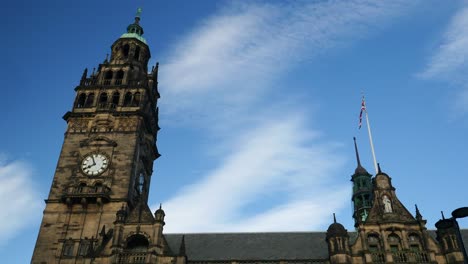 Town-Hall-Sheffield-Lower-Angle-framed-centred-wide-shot-top-to-bottom-Sheffield-City-Centre-near-Peace-Gardens-Main-Building-Summer-Sunny-Day-4K-25p