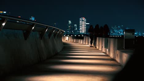 Eine-Gruppe-Von-Mädchen-In-Silhouetten-Unterhält-Sich-Auf-Einer-Brücke,-Dahinter-Die-Skyline-Der-Stadt