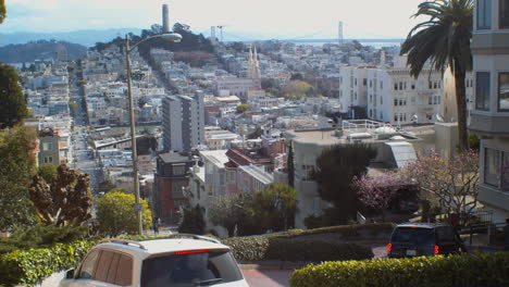 Calle-Lombard-Mirando-Hacia-Abajo,-Autos-Conduciendo