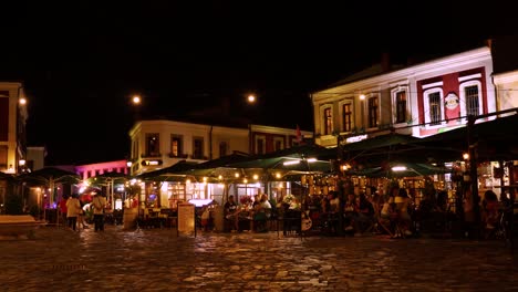 Medieval-architecture-of-old-neighborhood-called-Bazaar-in-Korca,-the-Balkans,-with-traditional-bar-restaurants