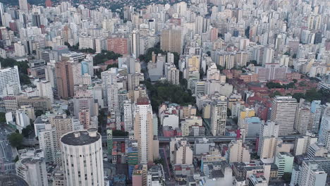 Aerial-view-of-Altino-Arantes-building,-called-Banespao,-Sao-Paulo-downtown,-Brazil