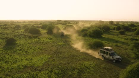 Cars-driving-through-dry-african-plains-kicking-up-dust-at-sunset,-tracking-from-above