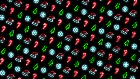 Neon-Christmas-Pattern-Background-of-Christmas-Tree,-Snowflake,-Santa-Hat-and-Candy-Cane-in-Red-Black-and-White-Looping-animation