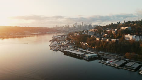Drone-Aerial-Parallax-on-Lake-Union-with-Seattle-Skyline-in-background