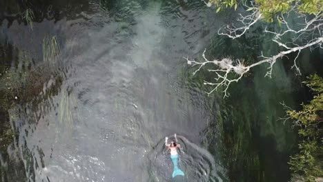 Drohnenansicht-Des-San-Marcos-Texas-River-Mit-Meerjungfrauen,-Die-Unter-Der-Brücke-Schwimmen