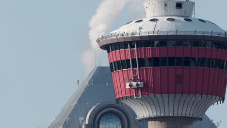 Calgary-Tower-with-dusting-of-snow-on-cold-winter-day,-close-up