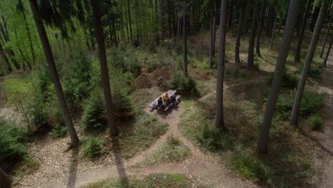 Group-of-friends-sitting-on-a-bench-in-the-woods-among-the-tall-trees-and-resting-after-a-long-journey---drone-shot