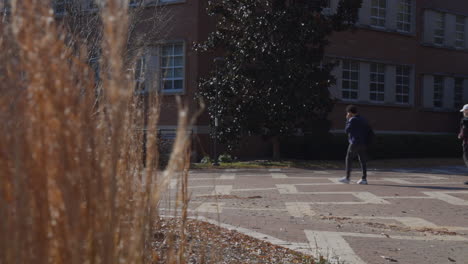 Few-Students-Walking-In-And-Out-Of-The-University-Campus-In-North-Carolina,-USA