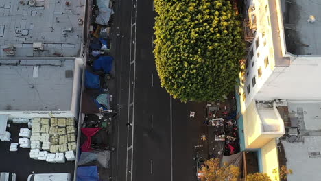 Drohnenaufnahme,-Die-Ein-Riesiges-Obdachlosenlager-In-Der-Skid-Row-Der-Innenstadt-Von-Los-Angeles-Zeigt