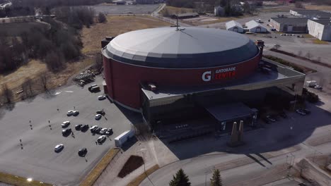 Aerial-view-panning-right-accross-the-main-entrance-of-Gatorade-Center