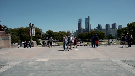View-From-The-Rocky-Steps---Tourist-Sightseeing-And-Taking-Photos-At-Philadelphia-Museum-Of-Art-In-Philadelphia,-Pennsylvania,-USA
