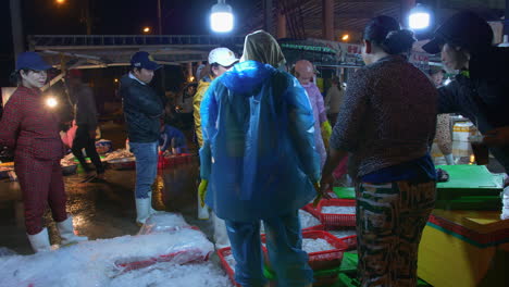 Local-fishermen-preparing-with-freshly-caught-seafood-for-trading-in-largest-fishing-port-at-Tho-Quang-early-morning,-Vietnam