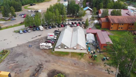 4K-Drone-Video-of-Everts-Air-Cargo-Plane-overlooking-Convention-Center-at-Chena-Hot-Springs-Resort-near-Fairbanks,-Alaska-in-Summer