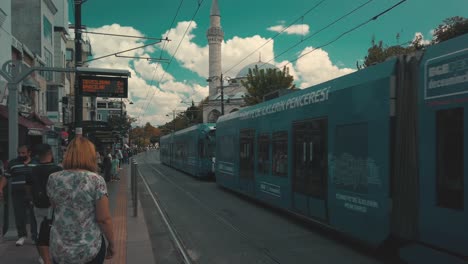 Istanbul,-Turkey--:-Modern-tram-metro-moving-along-historical-Sultanahmet-square