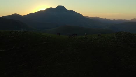 Toma-De-Un-Dron,-Volando-Sobre-La-Cima-De-Una-Montaña-Con-Caballos-En-Primer-Plano-Y-Una-Puesta-De-Sol-Al-Fondo