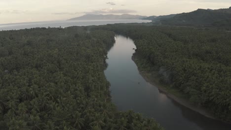 Calm-Water-Stream-By-The-Dense-Foliage-Forest-Landscape-Under-Clear-Sky-At-The-Tropical-Island-In-The-Philippines