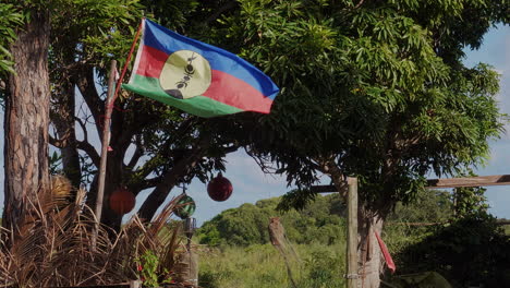 Kanak-flag-tied-to-stick-waving-in-breeze-on-French-territory-New-Caledonia