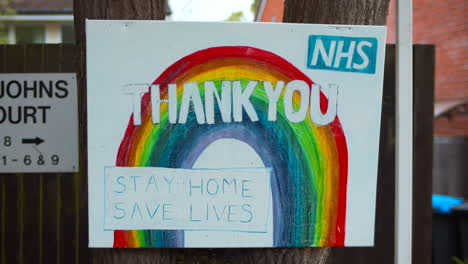 Thank-you-NHS-sign-with-rainbow-handmade-by-children-in-Covid-pandemic-lockdown