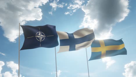 NATO-Finnland-Schweden-Flaggen-Und-Strahlend-Sonniger-Blauer-Himmel-Mit-Weißen-Wolken