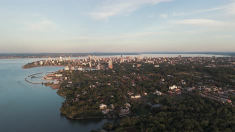 Aerial-view-above-the-Paraná-River-in-Misiones,-Posadas,-Argentina,-at-the-tri-border-area-with-Brazil-and-Paraguay