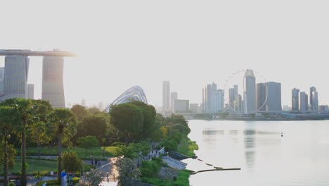 Tracking-Shot-Of-Beautiful-Cityscape-Of-Marina-Bay-Sands-Singapore-In-The-Morning