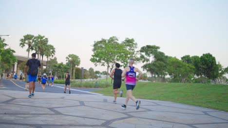 Morning-Activity,-People-walking-and-Running,-Doing-Exercise-in-Park-On-A-Summer-Day