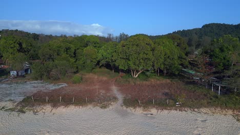 Tourists-enjoying-walking-on-the-beach-at-sunset-with-lush-green-tropical-forest-in-the-background