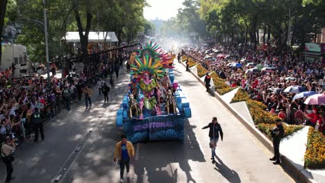 Day-of-the-Dead-procession,-Massive-crowd-on-the-street-to-celebrate-Mexican-cultural-festival