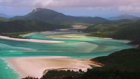 Whitsundays-Islands-Whitehaven-Beach-North-end-Hill-Inlet-Lookout-aerial-drone-picturesque-sandy-National-Park-view-sunny-clouds-summer-spring-scenic-flight-clear-blue-waters-parallax-circle-left