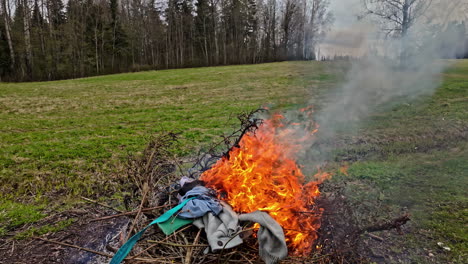 A-Person-Throws-Garments-On-Burning-Dry-Branches-In-Fields-Near-The-Forest