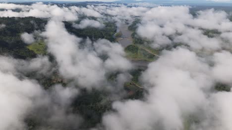 Pastaza-river-in-Ecuador-seen-through-clouds,-captured-by-drone