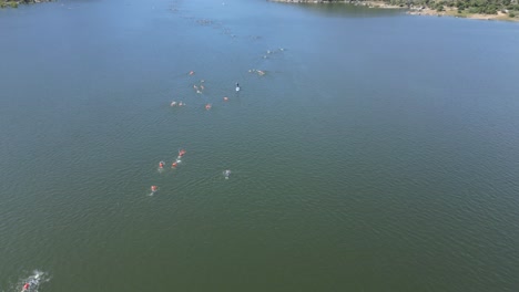 Drone-flight-in-the-Burguillo-reservoir-where-an-endurance-test-is-carried-out,-we-see-a-large-number-of-participating-swimmers-with-buoys-and-a-controller-on-a-white-surfboard
