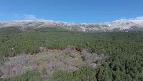 Vuelo-De-Descenso-En-El-Sistema-Montañoso-Central-De-La-Península-Ibérica-En-El-Valle-Del-Tiétar,-España-En-Invierno-Donde-Vemos-Sus-Picos-Con-Nieve-Y-Un-Bosque-De-Pinos-Y-Una-Pradera-Con-árboles-Sin-Hojas