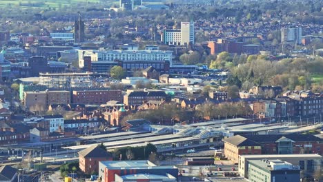 Suburb-aerial-houses-and-street-in-Derby-city,-UK