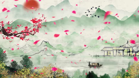 Fantasy-bright-ambience-landscape-of-beautiful-morning-sky,-mountains,-flowers,-lake,-ancient-house-with-simple-animation-in-plum-blossom-petals-animation-material-special-effects