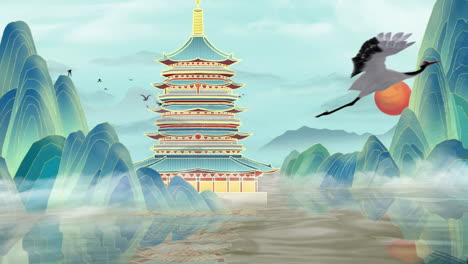 Fantasy-bright-ambience-landscape-of-beautiful-morning-sky,-mountains,-flowers,-lake,-ancient-house-with-simple-animation-in-Japanese-Chinese-anime-watercolour-style