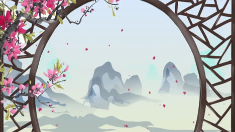 Mysterious-landscape-China's-traditional-Oriental-Digital-Art-animation,-Chinese-retro-painting-ink-misty-mountain-with-flowers,-tree,-birds,-river-in-fog-background