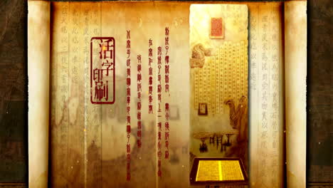 Fantasy-bright-ambience-landscape-of-beautiful-Retro-Classical-History-Culture-China’s-Ancient-Four-Great-Inventions-Elegant-Stage,-with-simple-animation-in-Japanese-Chinese-anime-watercolour-style