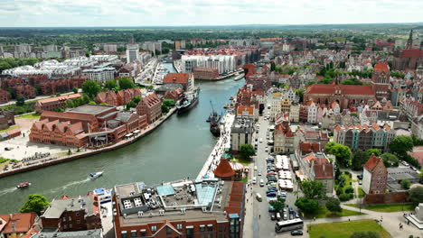 Vista-Aérea-Del-Casco-Antiguo-De-Gdansk-Con-Edificios-Históricos-A-Lo-Largo-Del-Río-Motława.