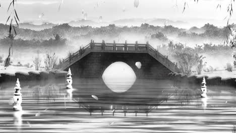 Paisaje-Misterioso-Animación-De-Arte-Digital-Oriental-Tradicional-De-China,-Pintura-Retro-China-Tinta-Brumosa-Estilo-Chino-Tinta-Pequeño-Puente-Agua-Que-Fluye-Fondo-De-Material-De-Video