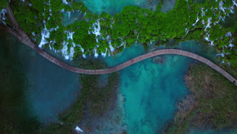 Descendiendo-Por-Senderos-De-Madera-Durante-El-Trekking-En-El-Parque-Nacional-De-Los-Lagos-De-Plitvice,-Croacia