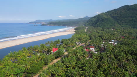 Playa-De-Soge-Y-Pueblo-Cubierto-De-Palmeras-Verdes-Cerca-De-Pacitan-Java-Indonesia