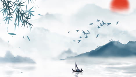 Fantasy-bright-ambience-landscape-of-beautiful-dreamy-Chinese-style-ink-landscape-animation-material-sky,-mountains,-flowers,-lake,-ancient-house-with-simple-animation-in-anime-watercolour-style