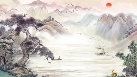 Retro-Mysterious-landscape-China's-traditional-Oriental-Digital-Art-animation,-Chinese-retro-painting-ink-misty-mountain-with-flowers,-tree,-birds,-river-in-fog-background