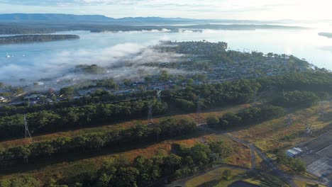 Drone-aerial-landscape-view-of-Mannering-Park-town-rural-suburbs-housing-infrastructure-street-roads-neighbourhood-Lake-Macquarie-Central-Coast-Australia